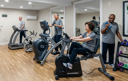 A group of people are in a room, some of them are sitting on chairs, and others are standing. A man is kneeling down next to a woman who is sitting on the floor. The group appears to be engaged in an exercise or physical activity. AI generated content